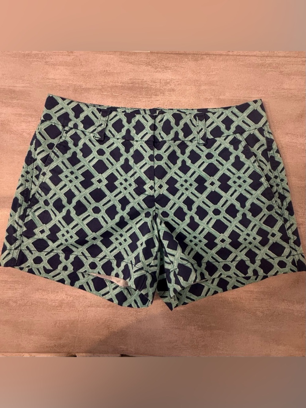 Vineyard Vines Geometric Print Chino Shorts Size 0 Navy/Teal Preppy Golf Resort